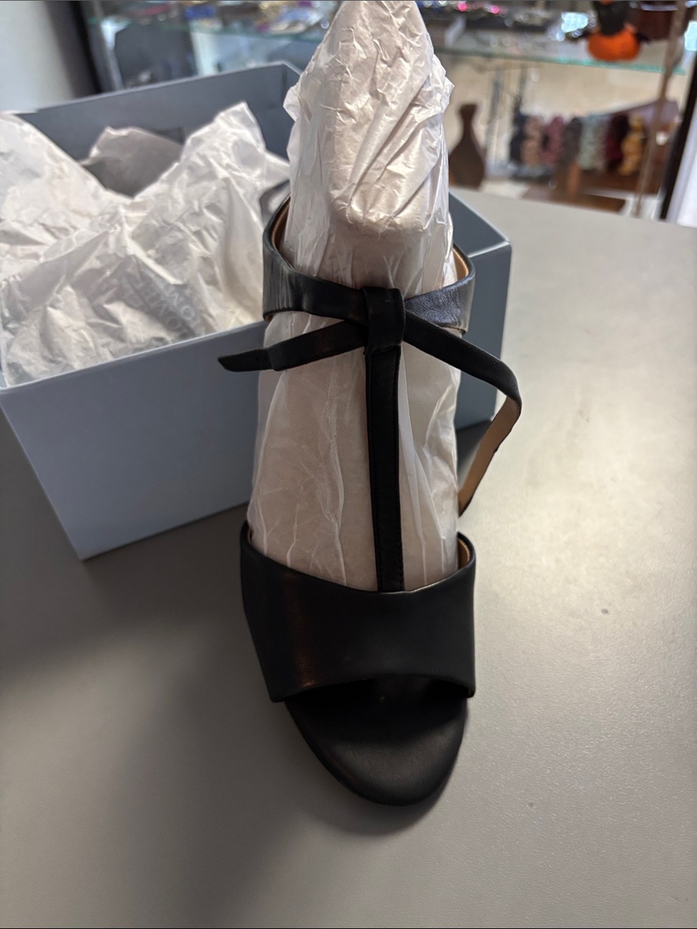 ANTONIO MELANI Black T-Strap Leather Heel Sandal